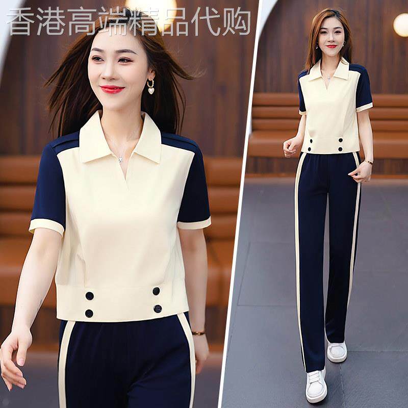 翻领短袖运动服套装女士夏装2026新款时尚宽松洋派休闲跑步两件套