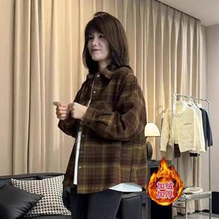 日系磨毛格子衬衫女2025秋冬新款小个子加厚复古休闲宽松百搭外套