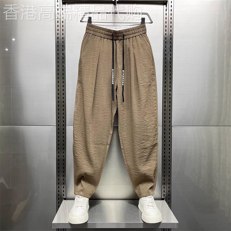 纯色冰丝棉麻休闲裤男士夏季潮牌新款薄款宽松透气垂感褶皱哈伦裤