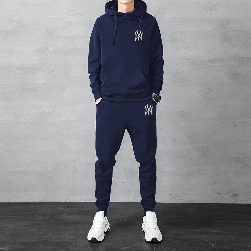 秋冬新款帅气纯棉大码潮牌连帽卫衣休闲宽松跑步加绒运动服套装男