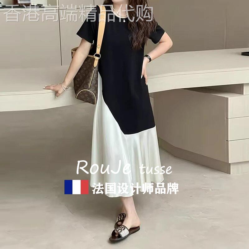 Rouje tusse大尺码气质撞色拼接t恤洋装女夏季胖mm宽松显瘦裙子