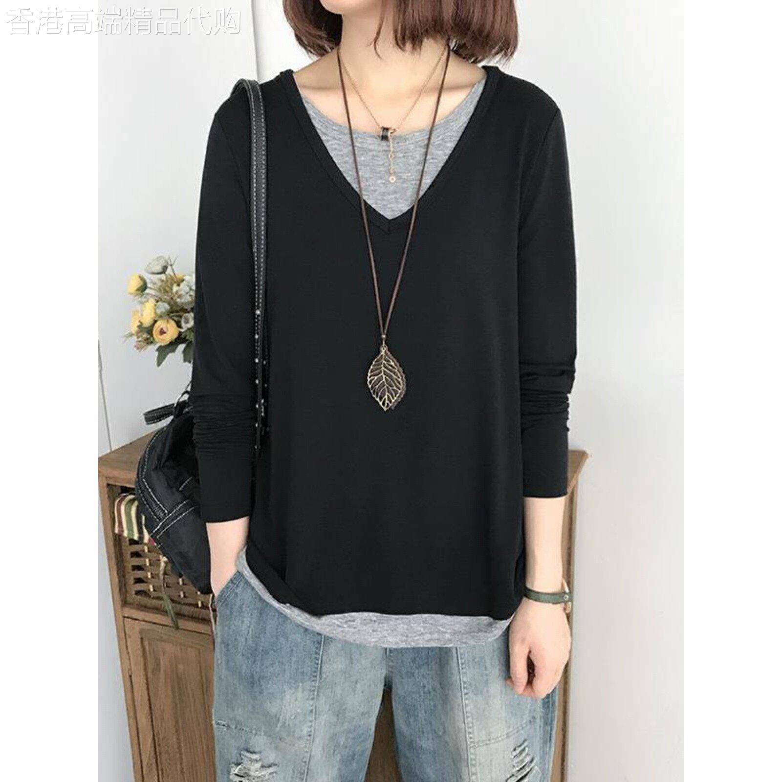 韩国2025新款长袖T恤女春秋拼接假两件套大尺码宽松百搭打底衫上