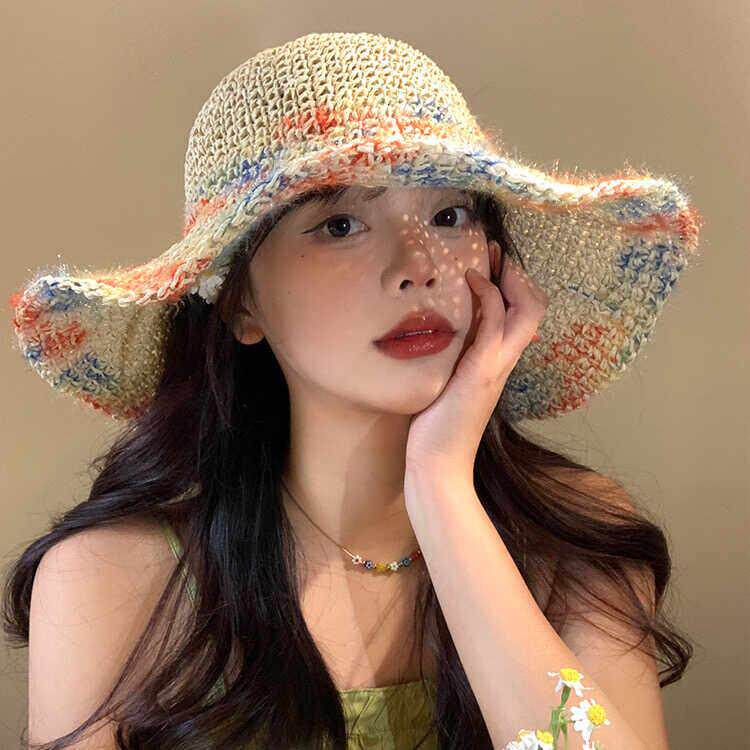 日本RX夏天彩色草编大檐遮阳帽子女海边出游遮阳百搭折叠透气草帽