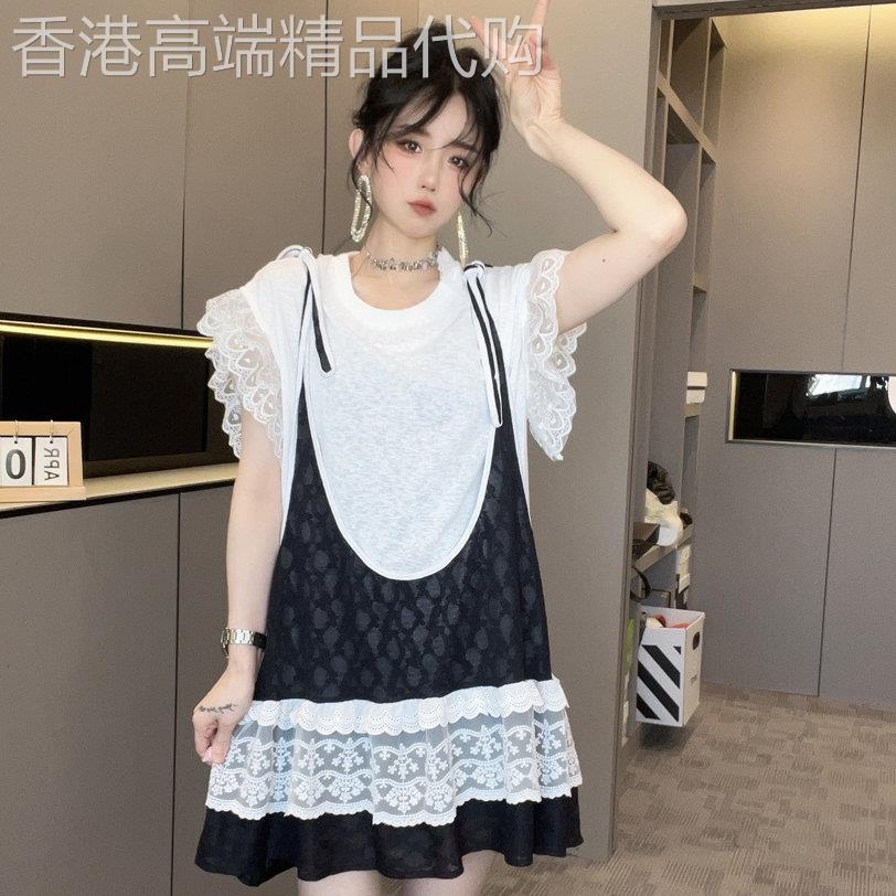 韩式拼蕾丝裙子套装女2026夏新款荷叶边抱婴袋裙+短袖T恤洋派两件