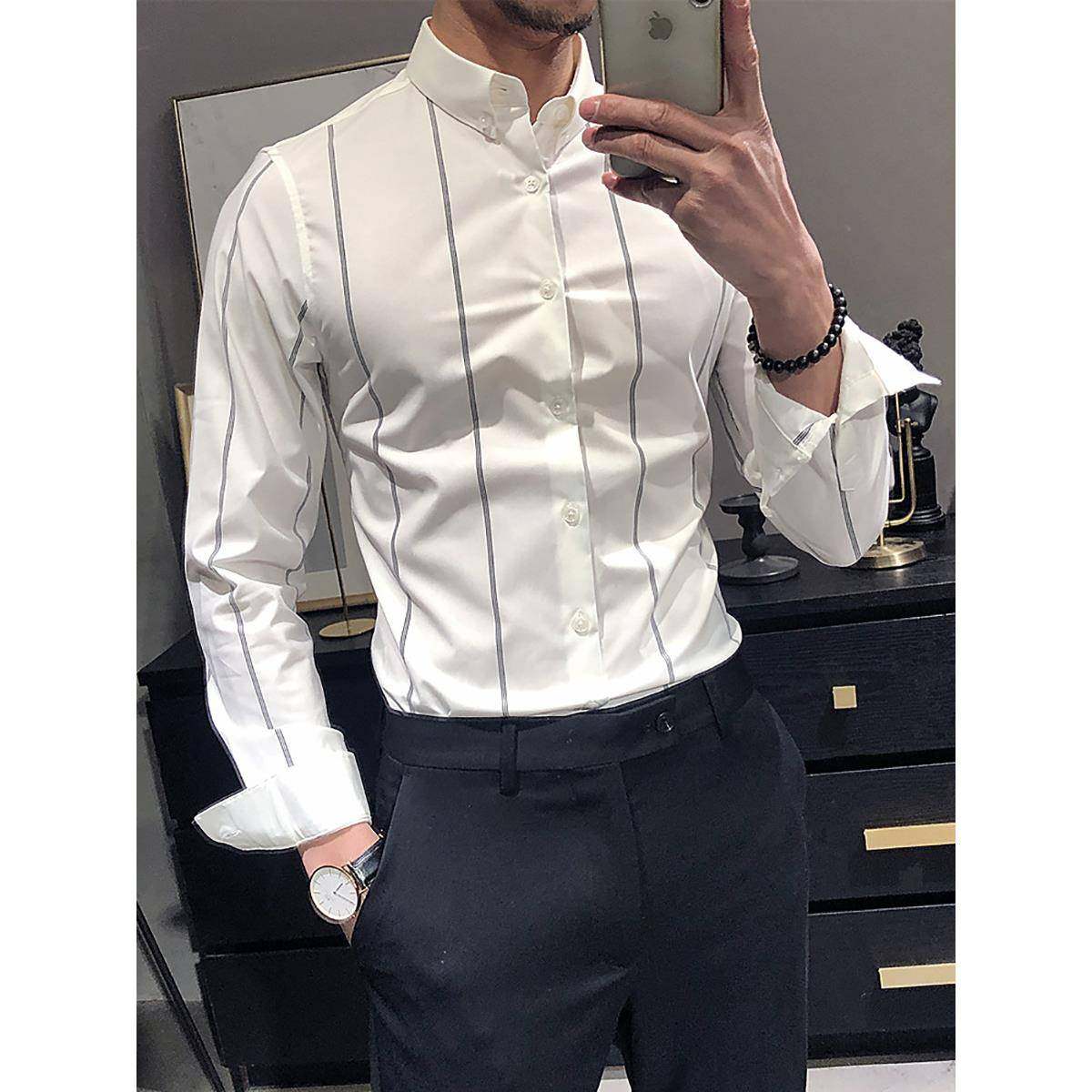 条纹衬衫男长袖修身商务正装韩版潮流帅气高端男士白色衬衣休闲潮