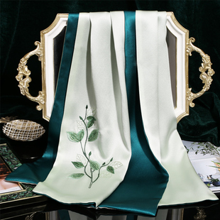 真丝围巾女手工苏绣春秋丝绸礼品百搭绿色旗袍外搭春季妈妈款丝巾