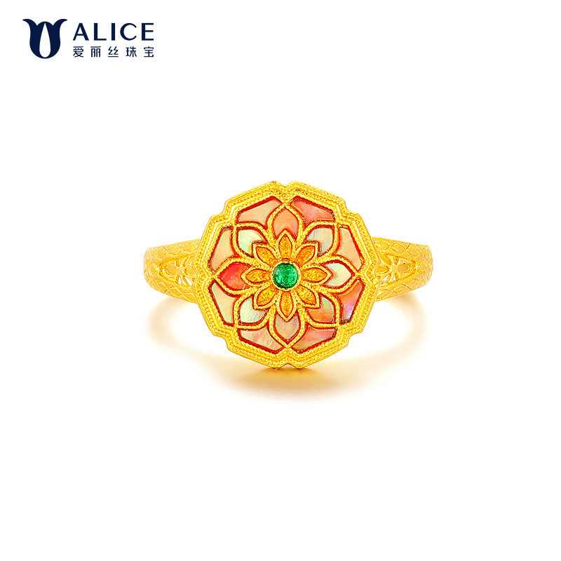 ALICE/爱丽丝（珠宝）古法黄金戒指新中式花开花卉螺钿足金戒指