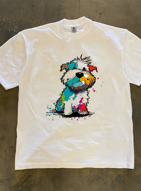 泼墨小狗印花松弛感纯棉短袖潮流夏季T恤男款宽松休闲半袖不透