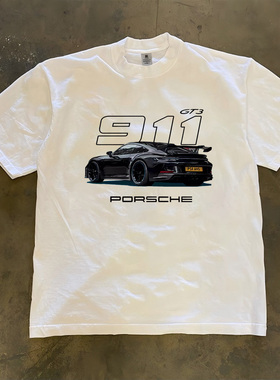 潮流个性赛车印花半袖100％纯棉圆领宽松休闲百搭男士短袖T恤男