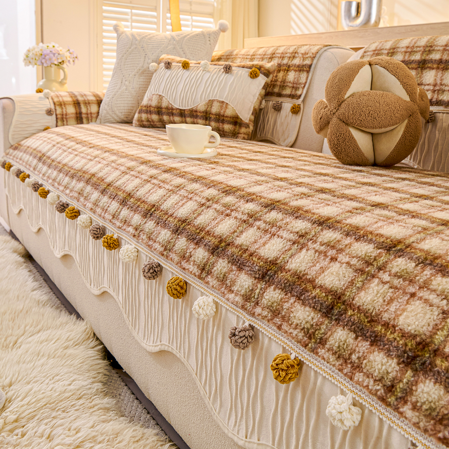 秋冬新款简欧复古毛绒防滑沙发垫