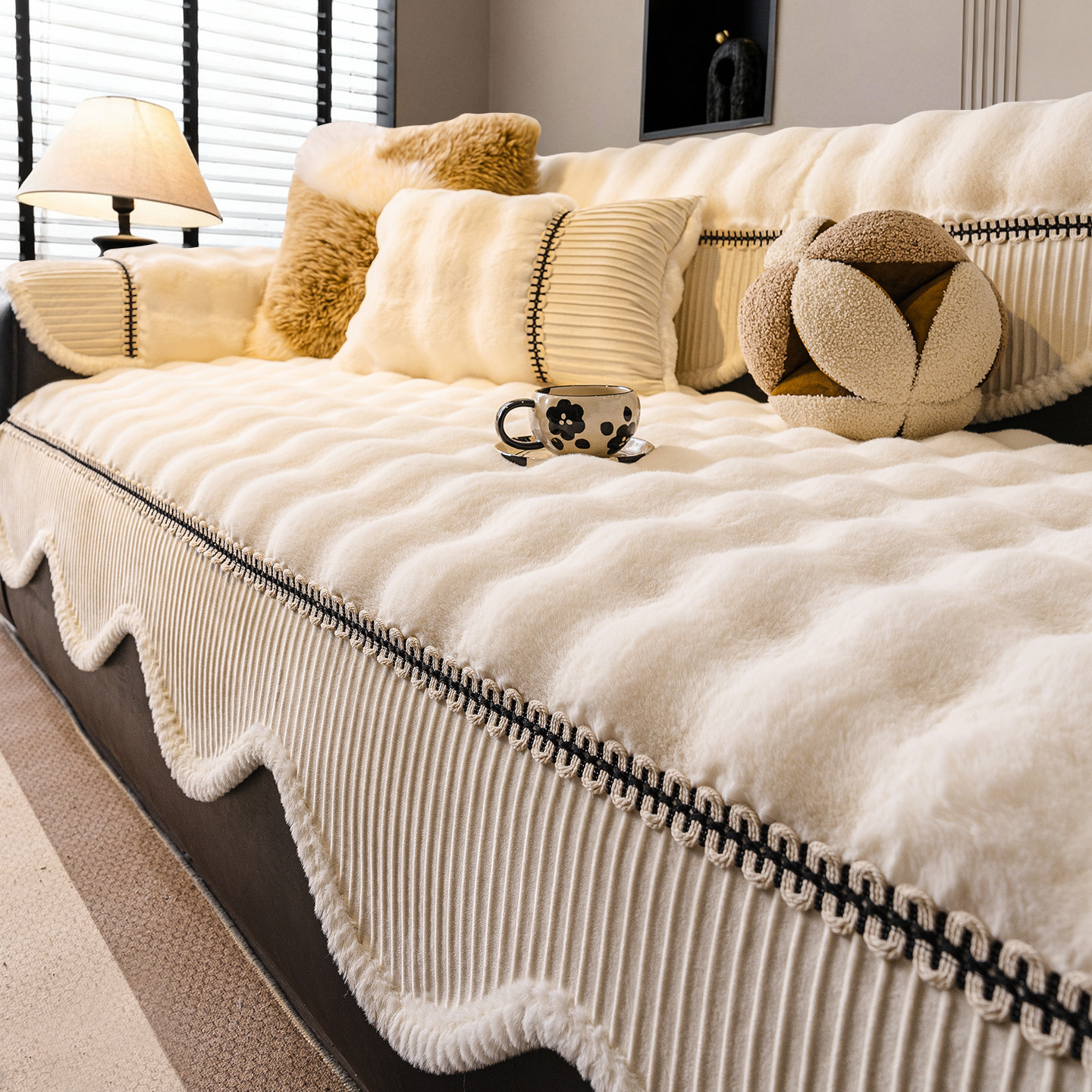 2025冬季新款异形兔毛绒沙发垫一片式奶油风固定防滑皮沙发坐垫子,居家布艺,沙发垫,淘宝优惠券,粉丝福利购,淘宝优惠卷