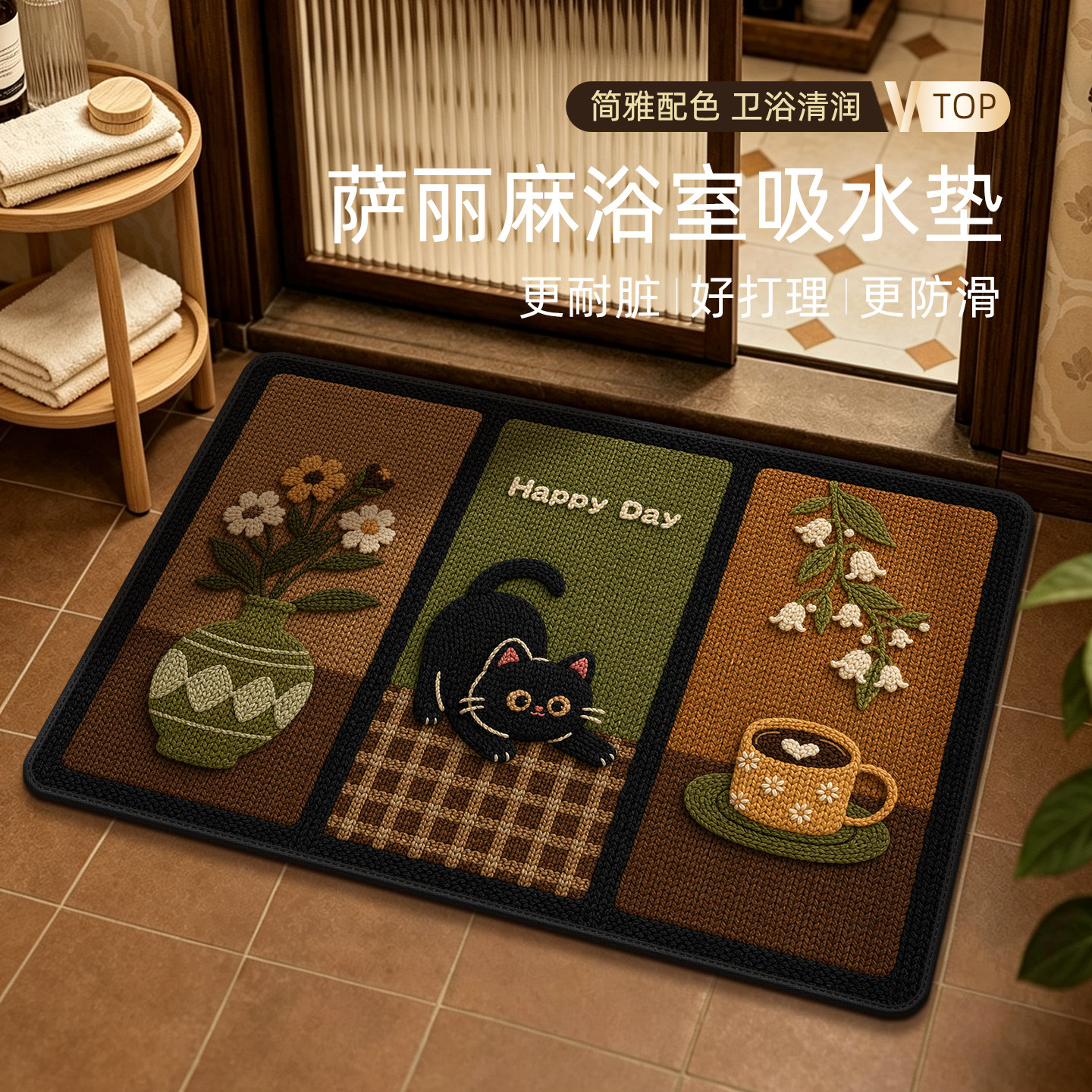 卡通亚麻编码浴室防滑地垫吸水垫图片