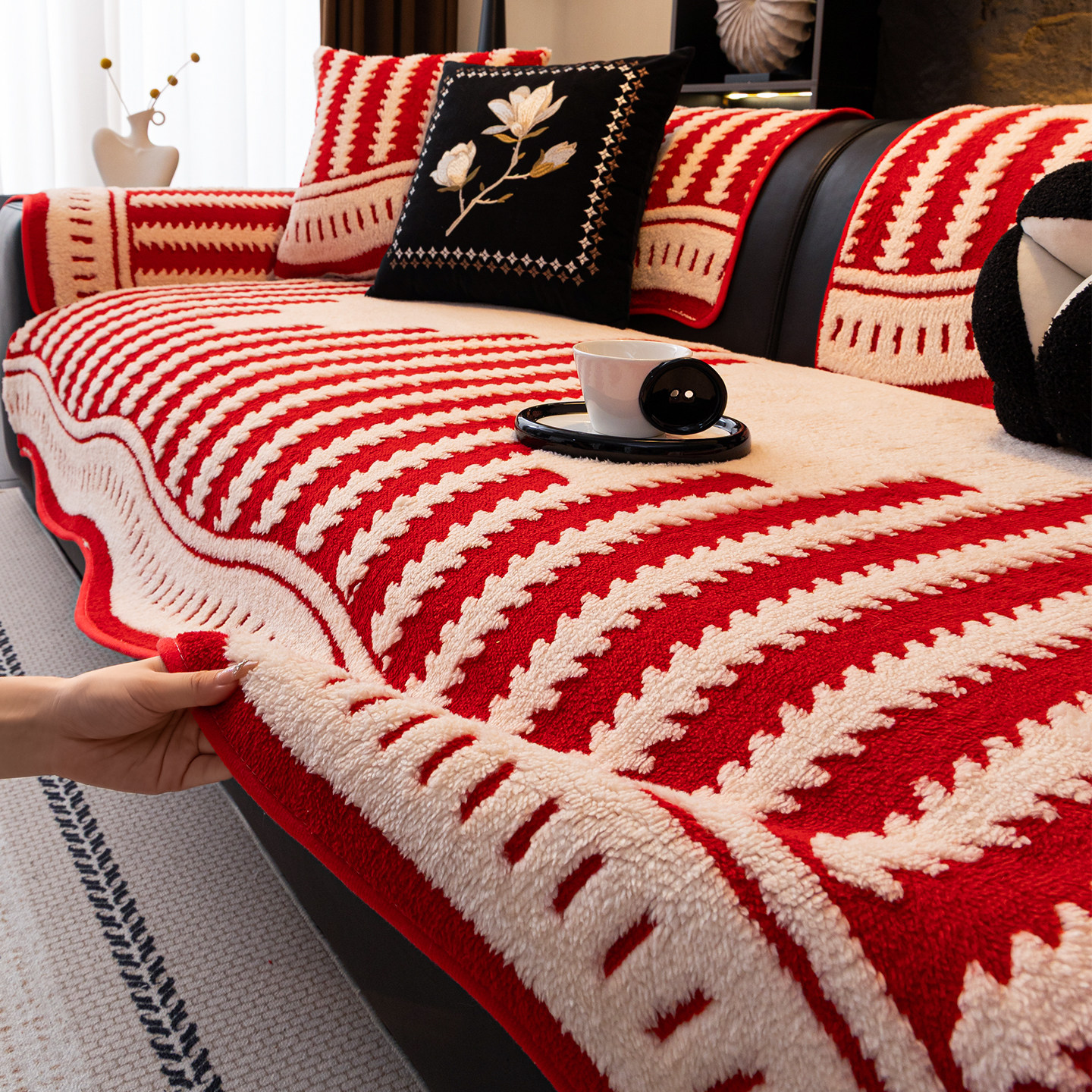 红色喜庆氛围感毛绒沙发垫2025冬季新款固定防滑防猫抓沙发坐垫子,居家布艺,沙发垫,淘宝优惠券,粉丝福利购,淘宝优惠卷