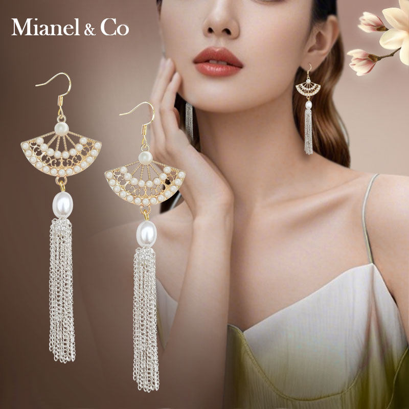 2026年新款中国风耳钉女时尚扇形仿珍珠流苏耳环复古气质耳坠耳夹,饰品/流行首饰/时尚饰品新,耳环,淘宝优惠券,粉丝福利购,淘宝优惠卷