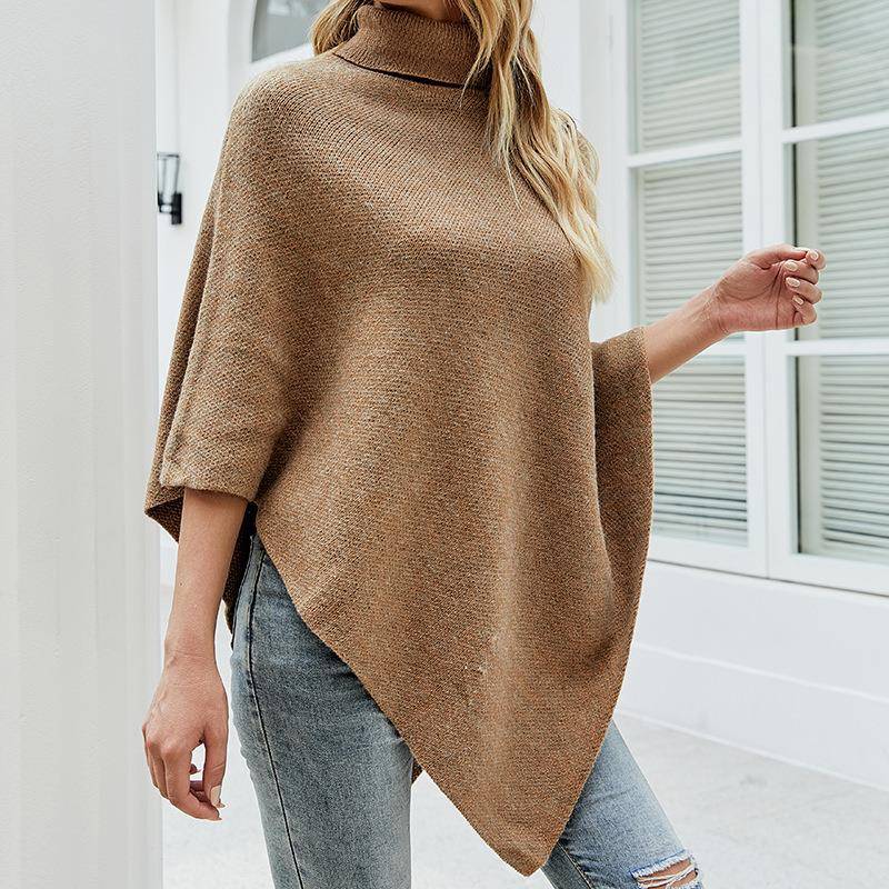 Shawl cape sweater solid color high neck knitted sweater