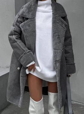 Winter New Fur Suede Coat Suit Collar Long Cardigan Coat