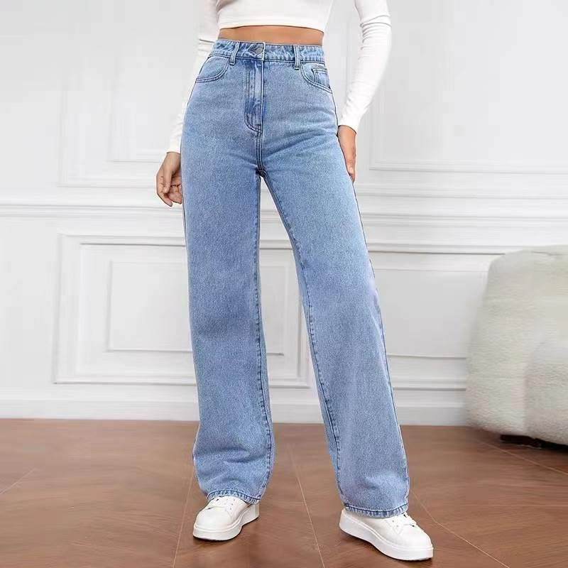 Washed denim fashion straight pants jeans for women