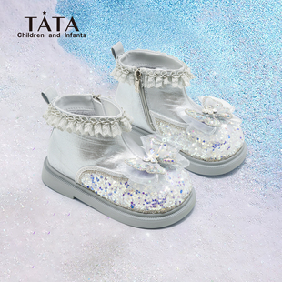 TATA他她儿童棉鞋亮片小香风马丁靴冬加绒皮靴女童公主靴防滑短靴