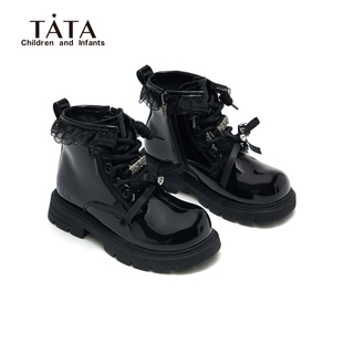 TATA他她童鞋女童蕾丝蝴蝶结马丁靴冬厚底短靴洛丽塔系带靴小皮靴