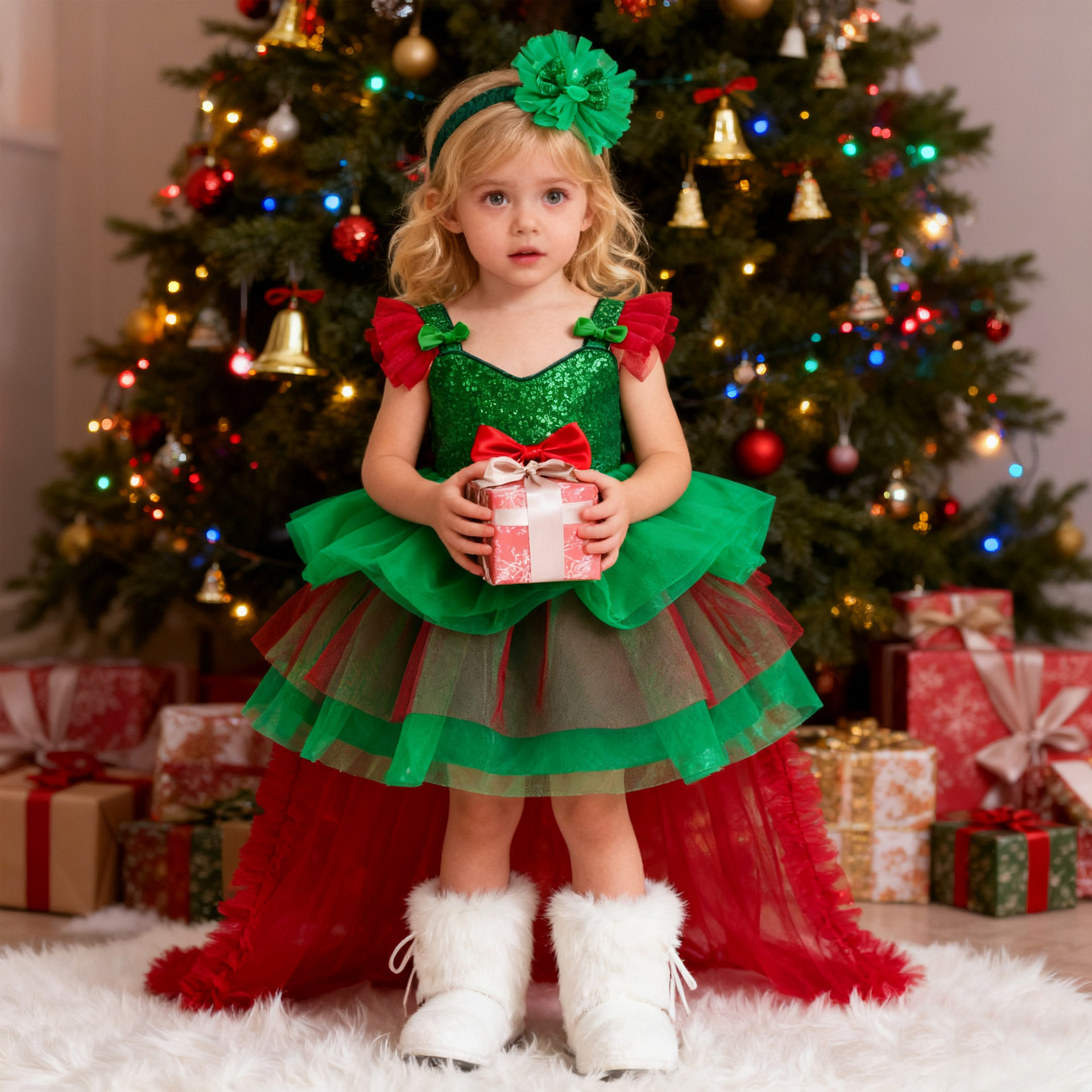 女童圣诞节连衣裙拖尾晚礼服短款