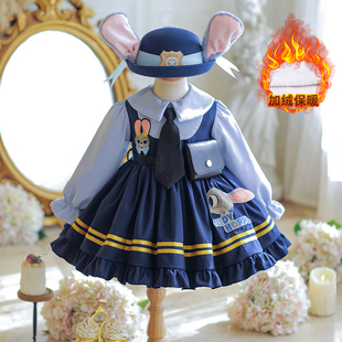 秋冬女童朱迪警官连衣裙迪士尼电影人物扮演服装洛丽塔蓬蓬裙帽子