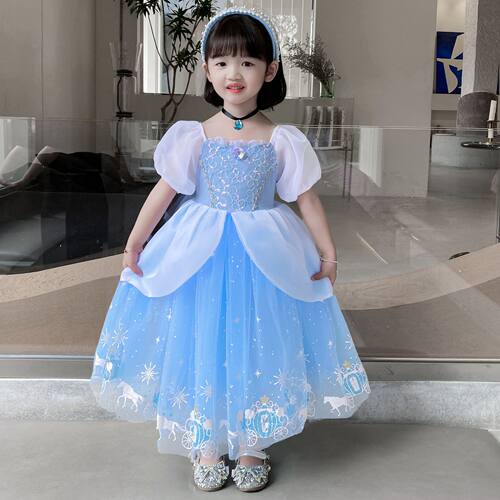 女童灰姑娘公主裙蓝色蓬蓬裙子