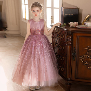 女童公主裙粉色亮片高品质连衣裙小女孩毕业晚会主持人走秀晚礼服
