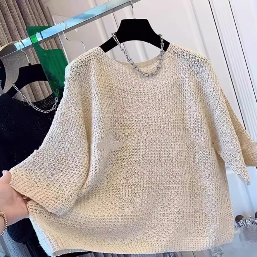 特大码韩版钩花针织衫宽松T恤女