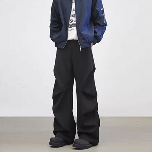 子 男宽松弯刀阔腿慵懒松弛垂感拖地裤 美式 复古设计感褶皱休闲西裤