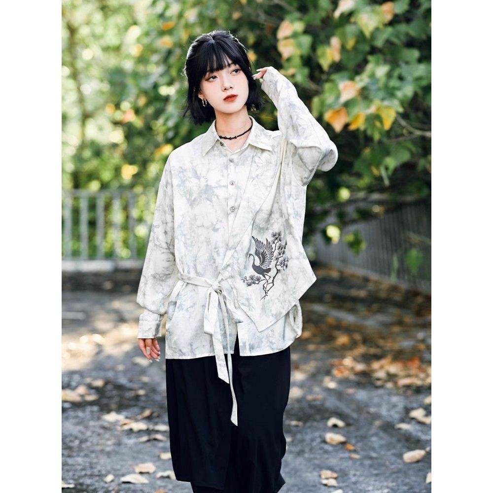 古怪舍「问鹤」新中式不规则拼接刺绣衬衫宽松绑带国风复古上衣女