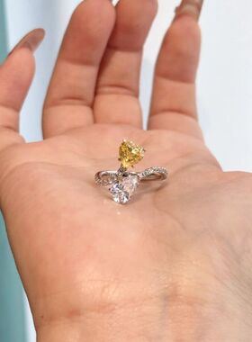 轻奢高级时尚爱心黄钻水滴白钻戒指不规则设计小众精致百搭食指戒