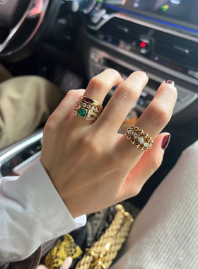 镀金半圈圆珠排钻爱心戒指轻奢