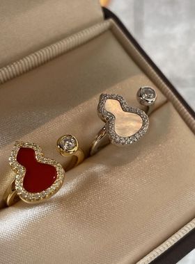 复古新中式福禄镶嵌满钻葫芦戒指简约时尚高级食指戒红色戒指女款