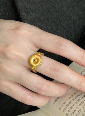 Vintage中古金色拉丝平安扣戒指小众设计复古高贵向日葵镶钻指环