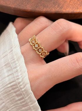 法式宫廷风蕾丝花边镂空排钻戒指百搭气质拉丝工艺时尚中古食指戒