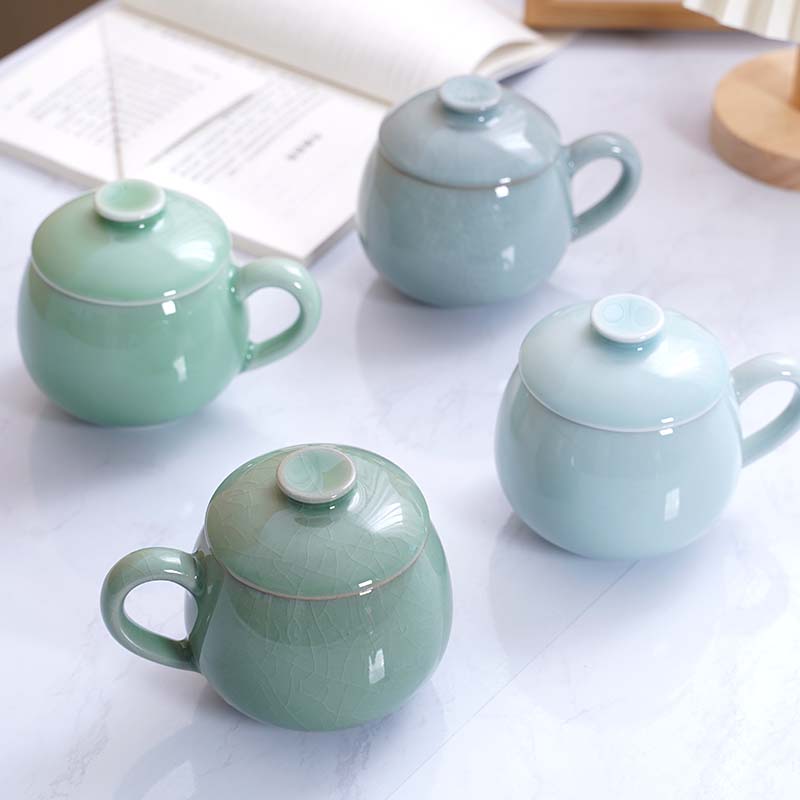 龙泉绿茶杯青瓷茶杯陶瓷马克杯带盖泡茶杯子办公水杯个人会议定制