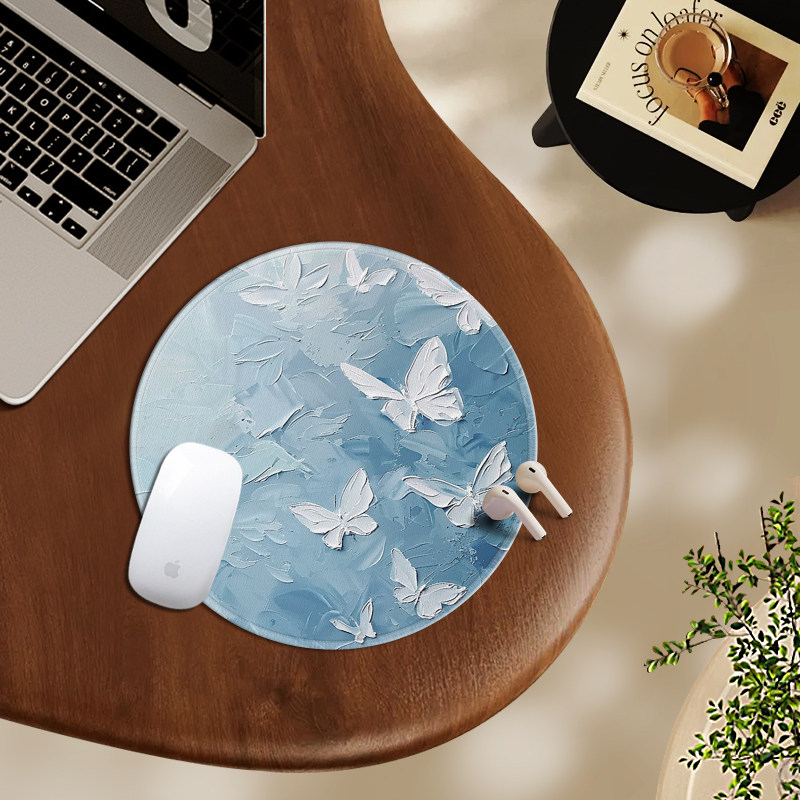 圆形鼠标垫小号油画蝴蝶文艺ins高颜值女生办公室电脑家用桌垫子