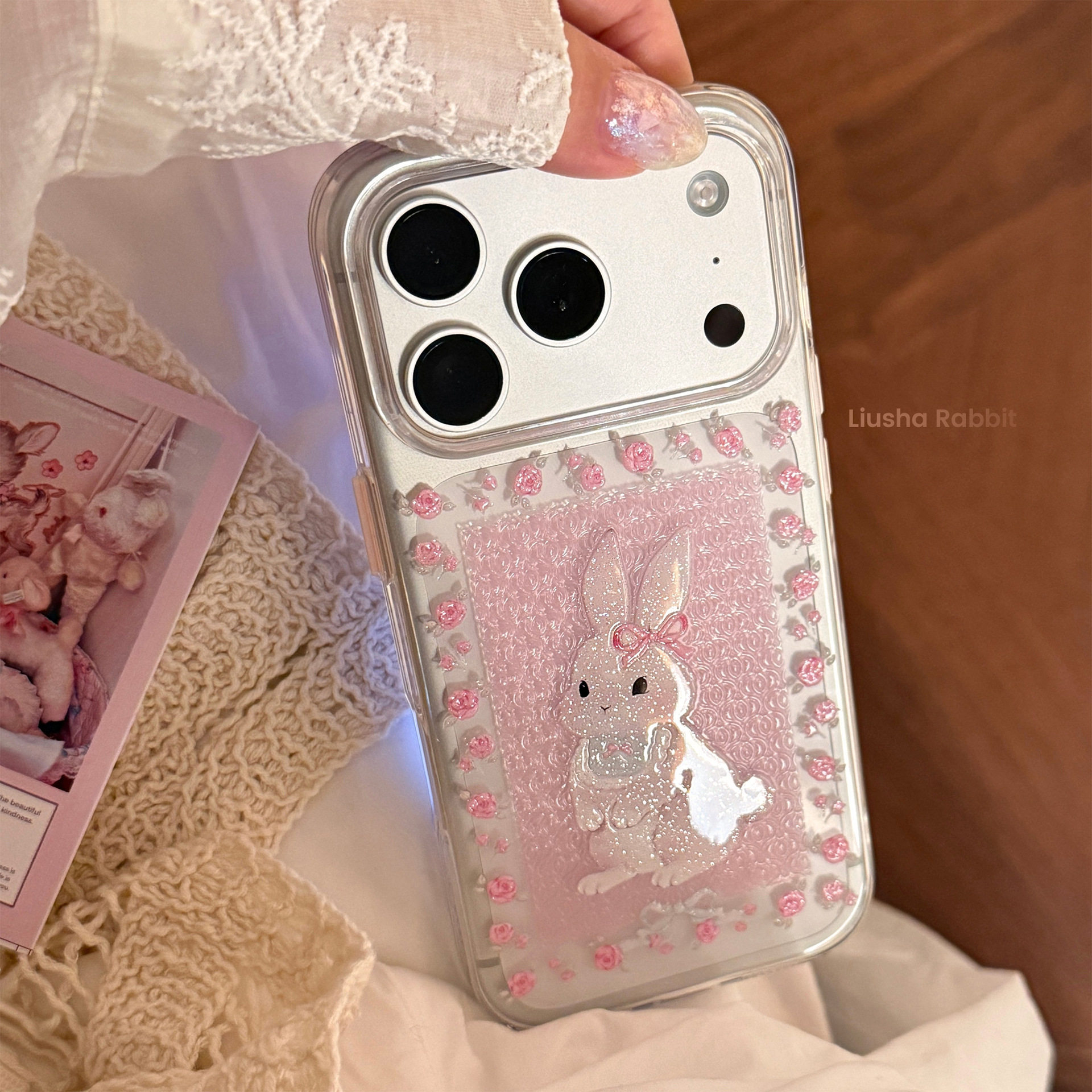 桔子猫ins粉色小兔适用苹果17手机壳17Pro温柔小碎花iphone16透明闪粉15Pro韩系少女心Max爆款14春天13不撞壳