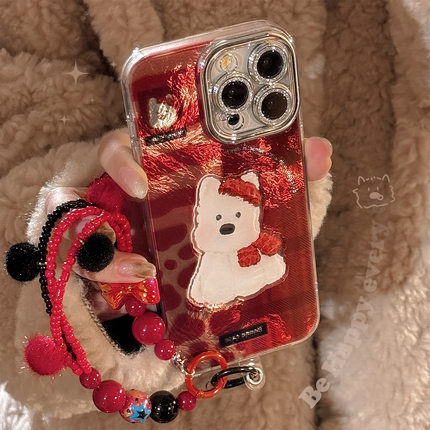 桔子猫可爱小狗适用苹果16ProMax手机壳红色喜庆手机壳iphone14pro带挂绳13镜头膜15plus全包x防摔12女11新年
