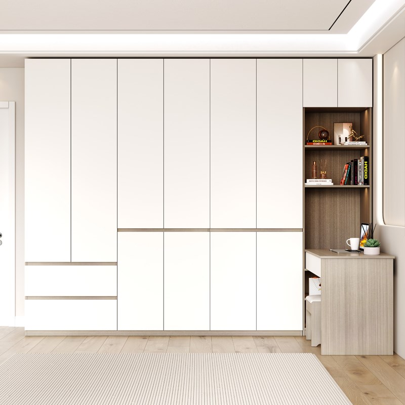 热销北欧卧室家用实木多层板大衣柜书桌一体组合L型生态板连体电