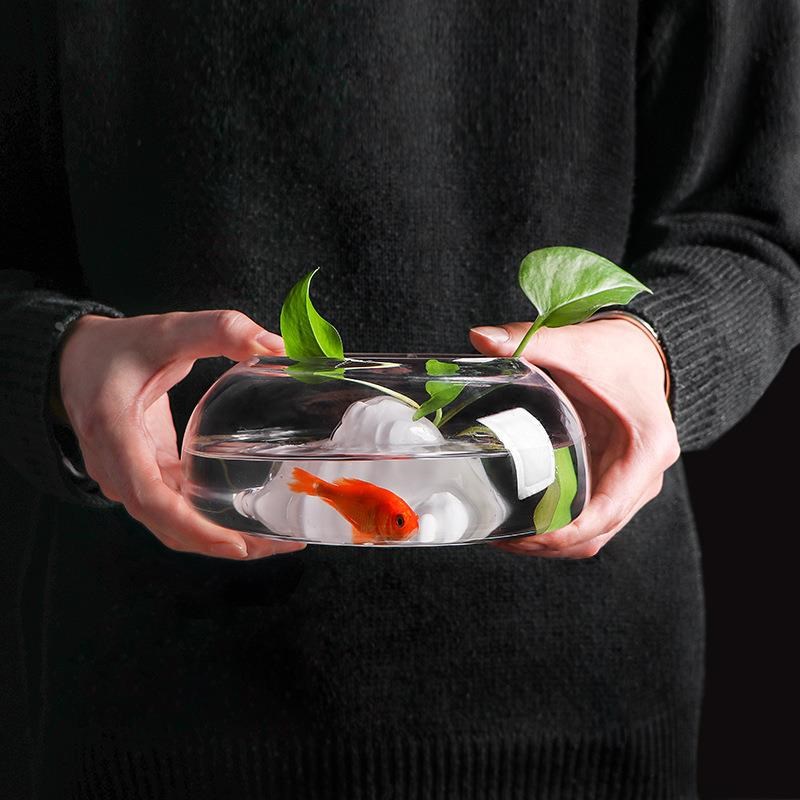 热销一皿玻璃鱼缸办公室乌龟缸透明冰山客厅家用桌面圆形迷你鱼缸