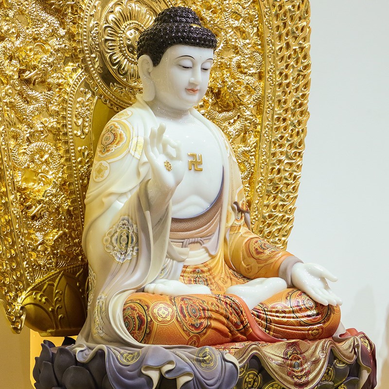 热销汉白玉彩绘华严三圣释迦牟尼文殊普贤菩萨佛像居家供奉摆件寺