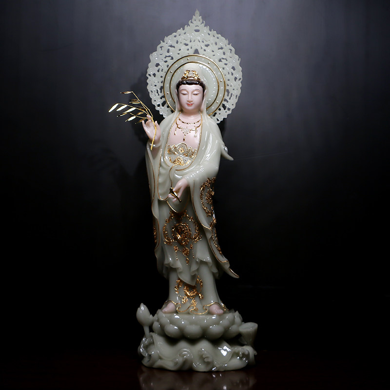 热销圆通佛具西方三圣汉白玉摆件翠玉镶金阿弥陀佛观音佛像观世音