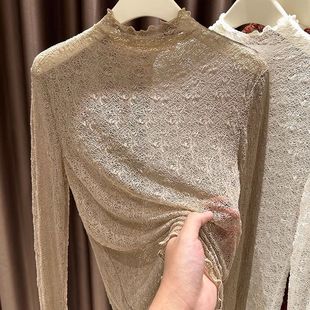 2024新款 女 毛衣内搭叠穿高领小衫 微透网纱上衣女木耳边蕾丝打底衫