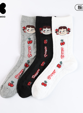 阪织屋不二家卡通萌趣系列PEKO中筒袜棉质暗纹提花萌趣女袜居家