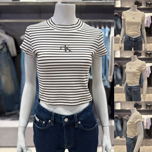 CK JEANS韩国代购26春47F833G女休闲时尚活力条纹辣妹圆领短袖T恤