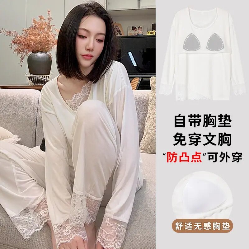 纯欲蕾丝莫代尔带胸垫睡衣套装