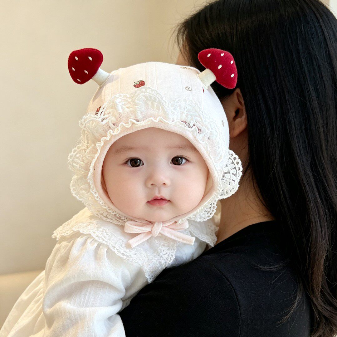 甜美蘑菇花边婴儿护耳防风帽