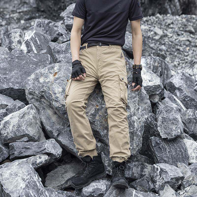 纯棉工装裤男多口袋束口裤宽松户外耐磨战术裤卡其色大尺码休闲长