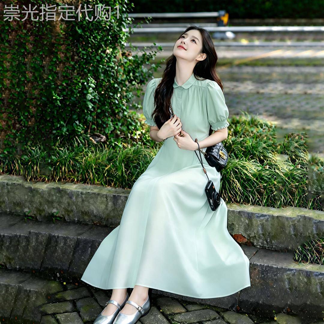 法式气质绿色衬衫泡泡袖洋装女2026夏季新款小个子高级感长裙子